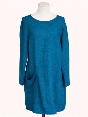 Flax 100% Linen Teal Blue Pocket Tunic Dress M Long Sleeve Lagenlook